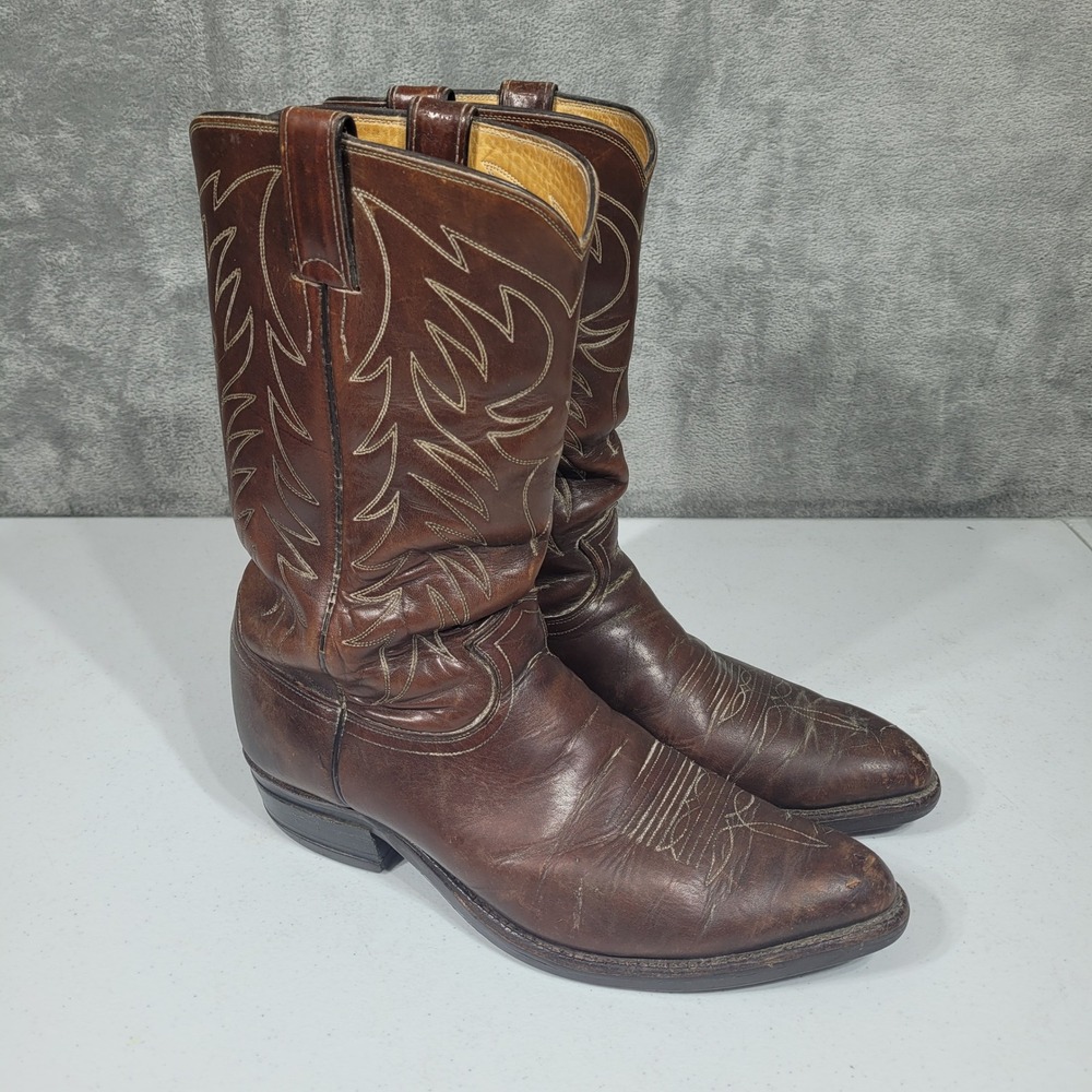 Vintage 80s Justin Western Boots Mens 11 D Brown 2607 Leather Pointed Toe Cowboy